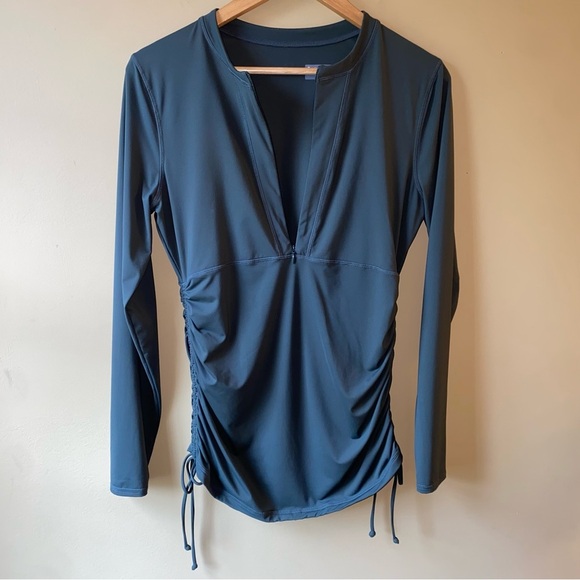 Athleta Women Drawstring Ruched 1/2 Zip Long Sleeve Rashguard Swim Top Medium - Picture 9 of 14